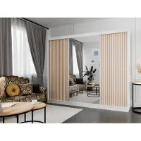MargaretHadas24 Kledingkast Lili met lamellen, 250 cm, inclusief 3 schuifdeuren. Schuifdeurkledingkast met kledingstang en garderobe. Levering tot in de woning (kleur: wit, wit, lamellen in de kleur "wotan", spiegel)