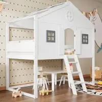 Sweiko kinderbed met trap, valbeveiliging en spijlen, twee grijze ramen, kinderbed met raam, vrij indeelbare onderkast, frame van grenen, grenen+MDF, wit+grijs, 90x200 cm