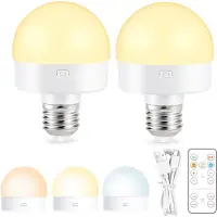 Rosikey 2x Oplaadbare gloeilamp met afstandsbediening, USB nachtlamp met batterij, 4W LED batterijlamp met E27-fitting, 3 kleuren, timer, touchbediening, draadloos