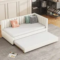 OKWISH Dagbed 90x200 cm met uitschuifbaar onderbed van 90x190 cm en lattenbodem, kinderbed van hout, dagbed voor jongeren (zonder matras) - beige