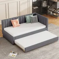 OKWISH Gestoffeerd bed 90x200 met matras, uitschuifbed met extra bed, kinderbed met lattenbodem, grijs