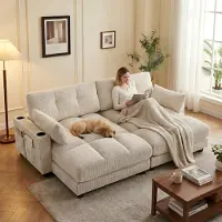 LVHOM slaapbank met USB-poort en bekerhouder, 2-zits sofa, relaxfauteuil met zijvakken, vloerfauteuil, verstelbare rugleuning, beige