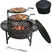 Relaxdays vuurkorf, diameter 92 cm, met 2 verstelbare grillroosters, deksel, schuurtang en afdekking, geschikt voor gebruik in de tuin, zwart