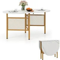 Costway Eettafel, inklapbaar, keukentafel voor 6-8 personen, ruimtebesparende inklaptable, ovale eettafel voor de eetkamer, 150x80x76 cm (wit + goud)