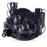Happyment Lucenzo Serviesset - 32 delig - Donkerblauw/Goud - Dinerborden - Bordenset - Diepe borden - Ontbijtborden - Servies - Keukenservies