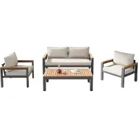 Happyment Tuinmeubelset - Loungeset - Tuinlounge Lounge Set - Stevig Gegalvaniseerd Stalen Frame - Acaciahout Tafel en Armleuningen - Beige Kleur