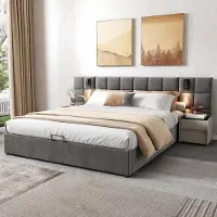 Happiq Hydraulisch Bed 180x200 cm - Voor Slaapkamer - Met LED-verlichting, USB-poorten & Verstelbaar Hoofdeinde - Fluweel in Grijs Schaakbordpatroon