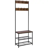 Happyment Kapstok Deri staand - Met schoenenrek - Industrieel - XL Garderoberek - Kapstokhaak - Hout & metaal - 7 haken - 3 planken