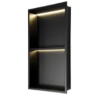 Happiq Douchenis - Inbouwnis - Voor badkamerwand - 2-laags wandnis met LED-verlichting - Stijlvol en functioneel - Buitenmaat 33,3*63,8*10 cm