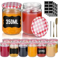 ACXIN Kleine Bewaarpotjes Mason Jars - Luchtdichte Ronde Potjes Met Metalen Deksel - Rood & Wit Gevlekt - 350 ml - Set Van 12