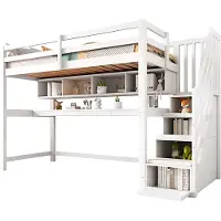 Happyment Luxe hoogslaper Vortex voor kinderen - 90x200 cm - Met bureau - Kinderbed - stapelbed - Met Hoektrap, valbeveiliging en raam - Peuterbed