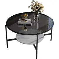 Happyment Salontafel Mira - 2-Lagen Glazen Design - Grijs - Glanzend Tafelblad & Leistenen Onderplank - Moderne Luxe Thee- & Bijzettafel voor Woonkamer