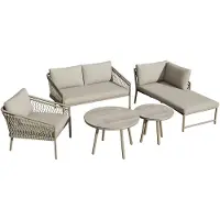 Happyment Tuinmeubelset - Loungeset - Tuinlounge Lounge Set - Lounge Set - Voor Tuin, Terras of Balkon - 2-Zits Sofa, 2 Fauteuils & Salontafel - Handgeweven Touw, Houtlook & Glasplaat - Gegalvaniseerd Staal