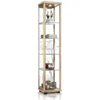 K-Möbel Vitrinekast met glas staand met 1 deur, 4 in hoogte verstelbare glasplanken, spiegel & slot - Vitrinekast met led verlichting - 176x37x33 cm - Beukenhoutkleur