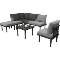 Happiq 6-delig Tuin Loungeset - Tuinmeubelset - Voor Buiten & Terras - Met Glazen Tafelblad & Kussens - Touwgaas & IJzeren Frame - Grijs