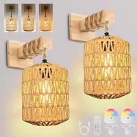 ROSNEK Set van 2 Oosterse Wandlamp Lantaarn Dimbaar - Rotan Look - Draadloos- Met Afstandsbediening & RGB Kleuren - Sfeerverlichting Bruin (Japandi Stijl)