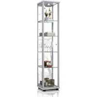 K-Möbel Vitrinekast met glas staand met 1 deur, 4 in hoogte verstelbare glasplanken, spiegel & slot - Vitrinekast met led verlichting - 176x37x33 cm - Zilverkleurig