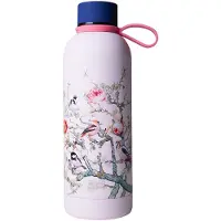 Heinen Delfts Blauw Waterfles Bosvogels roze - Geïsoleerd - RVS - 500 ml