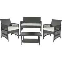 Happyment Rotan Tuinmeubelen Set Valora - Voor Buiten en Balkon - 4 Stuks - Rotan Patio Meubelen - Weven Rieten Sofa Set met Kussens en Glazen Tafelm - Donkergrijs