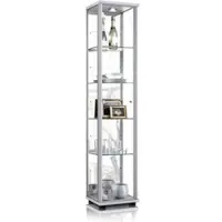 K-Möbel Vitrinekast met glas staand met 1 deur, 4 in hoogte verstelbare glasplanken & spiegel - Vitrinekast met led verlichting - 176x37x33 cm - Zilverkleurig