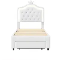 Happyment Kinderbed Tavien voor meisjes - 90x200cm - Gestoffeerd bed met 1 lade - LED-verlichting en rugleuning - Eenpersoonsbed