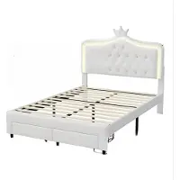 Happyment Kinderbed Fioren voor meisjes - 140x200cm - Gestoffeerd bed met 2 lades - LED-verlichting en rugleuning - Lattenbodem - Twijfelaar
