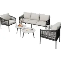 Happyment Tuinmeubelset - Loungeset - Tuinlounge Lounge Set - 3-zits Sofa met Fauteuils & Banktafels - Handgevlochten Touw & Marmeren Glasplaat - Grijs Stalen Frame