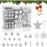 LZQ 138 stuks kleine kerstballen, kunststof kerstboomversieringen met hangers, kerstversiering, ballen, kerstversieringen, decoratieve kerstboomversieringen, zilver