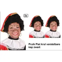 Partyxplosion 3x Pieten pruik luxe zwart verstelbare kap - Sinterklaas feest thema feest Sint en Piet