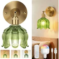 ROSNEK 1 Stuk Retro Wandlamp Groen - Lelietje-van-dalen Glas - Draadloos & Oplaadbaar - Dimbaar met Afstandsbediening - Bloemen Lamp met Afstandsbediening - voor Slaapkamer - Woonkamer