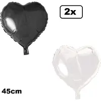 Partyxplosion 2x Folieballon Hart zwart en wit (45 cm) - trouwen huwelijk bruid hartjes ballon feest festival liefde white