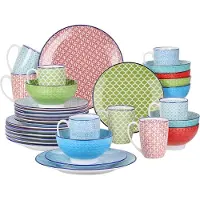 Happyment Florentia Serviesset - 32 delig - 8 persoons - Kleurrijk - Dinerborden - Bordenset - Diepe borden - Ontbijtborden - Servies - Keukenservies