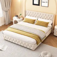 MODFU Ledikant 180x200 cm – lichtbeige fluweel – met knopen, siernagels en lattenbodem