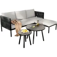 Happyment Tuinmeubelset - Loungeset - Tuinlounge Lounge Set - Voor Tuin, Zwembad of Terras - Sofa, 2 Salontafels & Voetkruk - Dik Touw & Marmeren Tafel