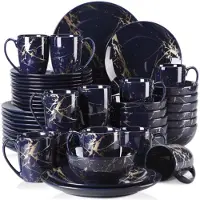 Happyment Vittoria Serviesset - 48 delig - 12 persoons - Donkerblauw/Goud - Dinerborden - Bordenset - Diepe borden - Ontbijtborden - Servies - Keukenservies