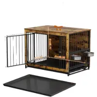 Happyment Houten Hondenbenche Valora - Hondenren - Hondenkrat Bijzettafel met Afneembare Kommen en Dienblad - Dubbele Deuren Hondenkennel voor Middelgrote Honden Binnen - 100 x 68 x 64 cm - Grijs