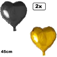 Partyxplosion 2x Folieballon Hart goud en zwart (45 cm) – Black an gold party trouwen huwelijk bruid hartjes ballon feest festival liefde white