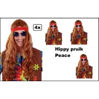 Partyxplosion 4x Hippie Pruik lang bruin met rode hoofdband - Hippy - Themafeest party 70s and 80s party power flower festival thema