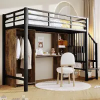 OKWISH Hoogslaper 90x200cm – Met Kledingkast En Bureau – Opbergtreden Met Vakken – Metalen Frame En MDF – Zonder matras – Zwart