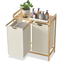 ACXIN Bamboe Wasmand Met 2 Vakken - Oxford Stof - Afneembaar En Wasbaar - 72 L - Beige