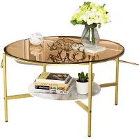 Happyment Salontafel Mira - 2-Lagen Glazen Design - Goud - Glanzend Tafelblad & Leistenen Onderplank - Moderne Luxe Thee- & Bijzettafel voor Woonkamer