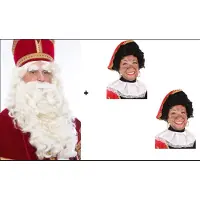 Partyxplosion TV Baardstel Sint deluxe + 2x Pieten pruik luxe zwart verstelbare kap - Sint en Piet Sinterklaas feest baard thema feest party evenement feest