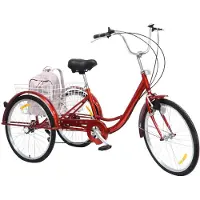 Happyment Driewieler Tavien 6 versnellingen - Fiets voor volwassenen en senioren - 24 Inch - Opvouwbare Trike - Met mand - Voorrem - Rood