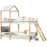 Happyment Stapelbed Fioren voor kinderen - 90x200 cm - Kinderbedden - Schoolbord - Met Hoektrap, valbeveiliging en raam - Peuterbed - Hoogslaper