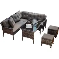 Happyment Tuinmeubelset - Loungeset - Tuinlounge Lounge Set - Lounge Set voor 7 Personen - Inclusief Sofa, Tafel, Kruk en Wasbare Kussens