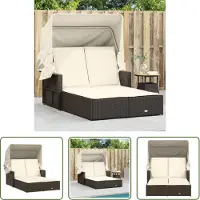 The Living Store Tuinset - Ligbed - Ligbed 2-persoons met luifel en kussens poly rattan bruin - Lounge Set - Buitendecoratie - Relaxstoel