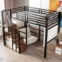 STILVORA Halfhoogslaper 90x200 Cm – Met Veilige Trap & Hoge Uitvalbeveiliging – Kledingrek En Opbergvak – Voor Kinderkamer – Metaal En MDF – Zonder Matras – Zwart