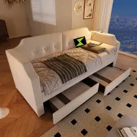 OKWISH Uittrekbare slaapbank, dagbed 90x200 cm met houten lattenbodem, kinderbed met USB-Type-C leeslamp en 2 opbergladen (zonder matras) - beige