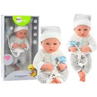 Leantoys Levensechte babypop - wit/grijs gestreept - 35x16x10 cm - incl accessoires