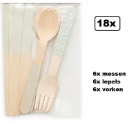 TakeAware Bestekset wave baby blauw - 18 delig - hout - Kraamfeest geboorte babyshower thema feest festival